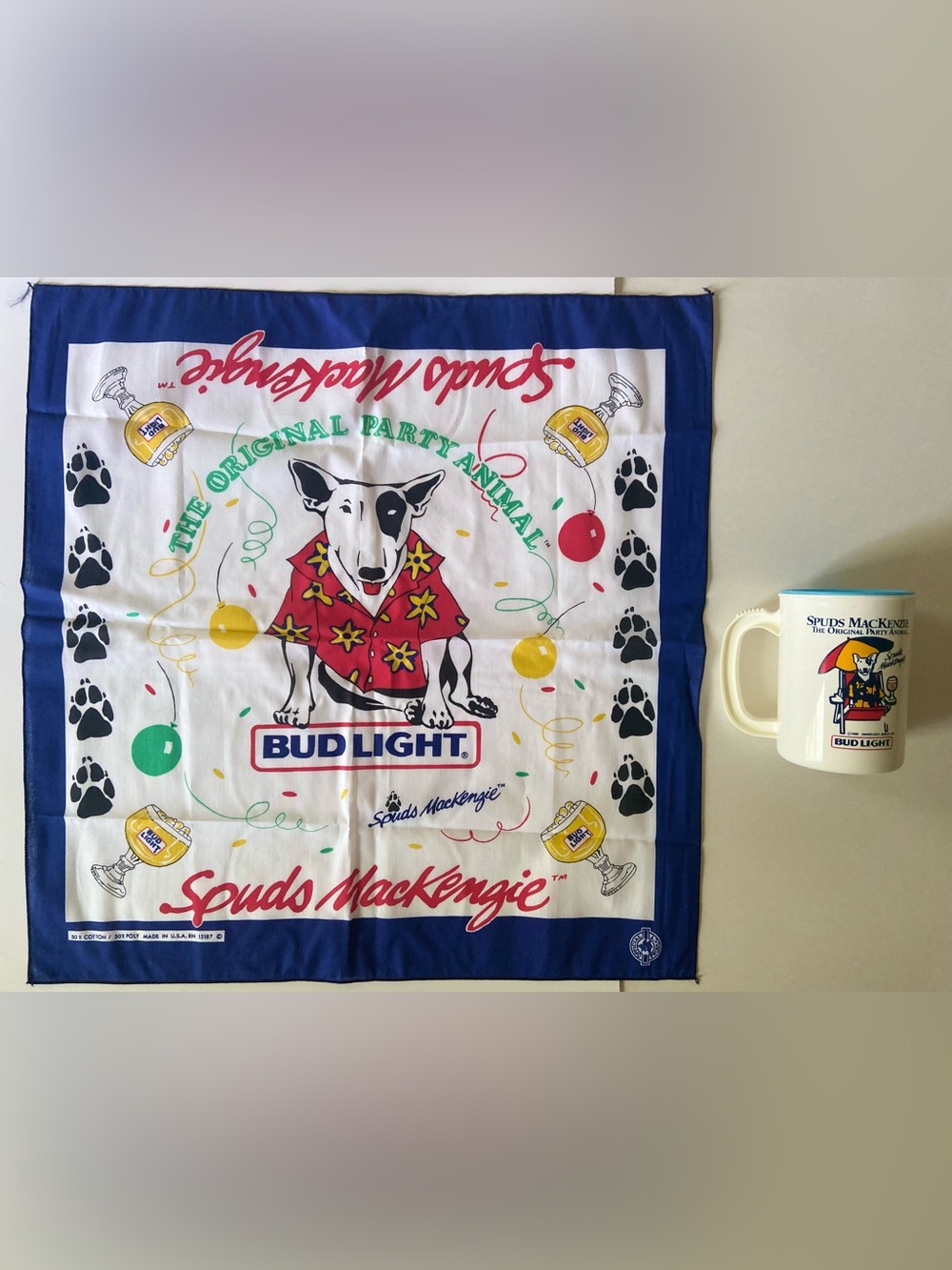 Spuds MacKenzie Bud Light 1986 Party Animal Mug + 1988 Bud Light Bandana Bundle